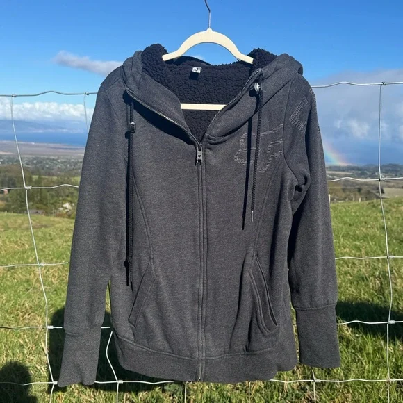 FOX Racing Y2k 90s Motocross Grunge Sherpa lined Zip up Hooded Sweatshirt Gray - Picture 1 of 6